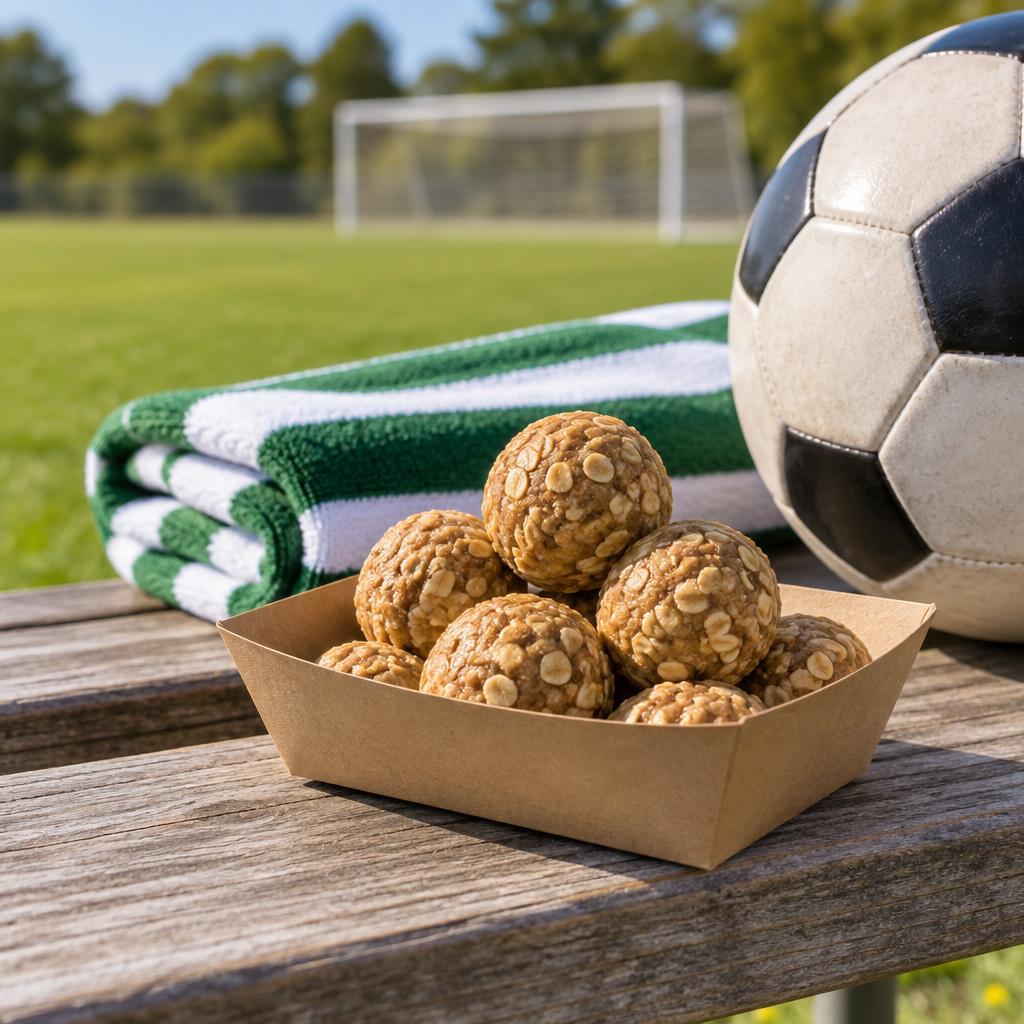 A tray of peanut butter protein balls on a wooden team bench next to a soccer ball