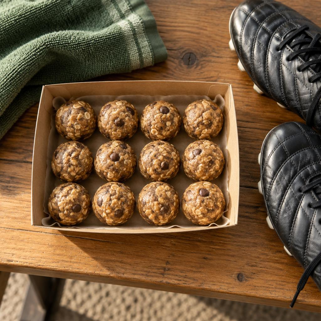 A tray of ten peanut butter protein balls packed and ready for the team