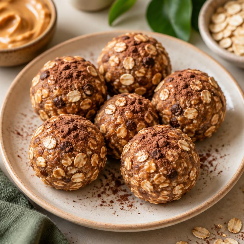 A close-up of freshly rolled peanut butter protein balls
